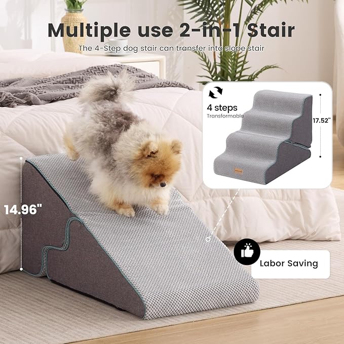 Gardner Pet Dog Stairs for Small Dogs 17.5" H, 2 in 1 Transformable 4-Step Pet Stairs and ramp, Dog Steps for Couch bed (19~22 in) with Durable Non-Slip Waterproof Cover and CertiPUR-US Certified Foam