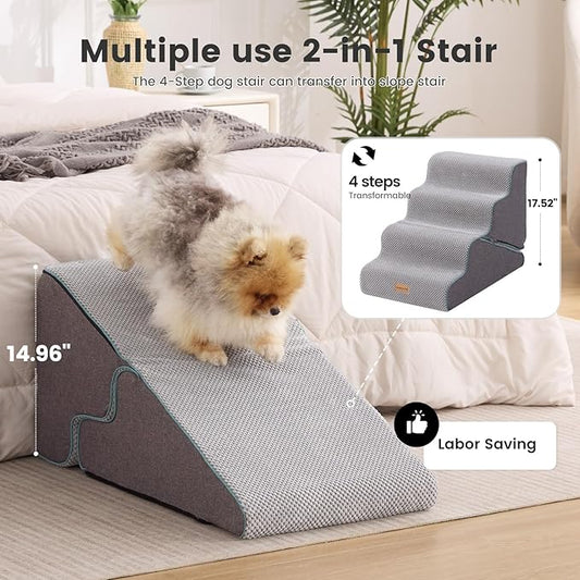 Gardner Pet Dog Stairs for Small Dogs 17.5" H, 2 in 1 Transformable 4-Step Pet Stairs and ramp, Dog Steps for Couch bed (19~22 in) with Durable Non-Slip Waterproof Cover and CertiPUR-US Certified Foam