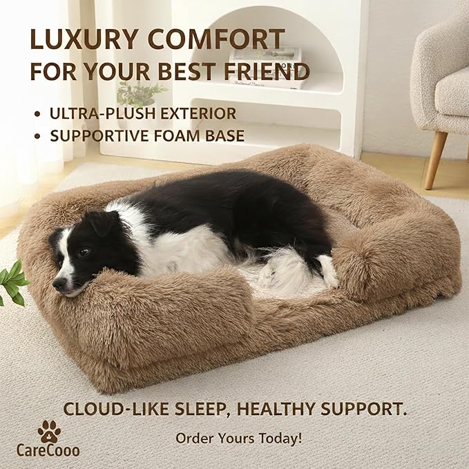 Orthopedic Dog Bed for Large Dogs - Washable Memory Foam Pet Sofa, Fluffy Plush Rectangular Bed, Waterproof Anti-Anxiety Couch, Khaki, L