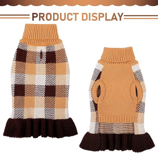 Dog Sweater Dress Plaid Knitwear for Small Medium Dogs Warm Puppy Pet Turtleneck Stretch Pullover Cute Fall Winter Vest Clothes with Leash Hole for Christmas (Coffee, S)