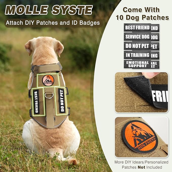 Tactical Service Dog Vest Harness and Leash Set,Heavy Duty Dog Harness with Metal Buckles for Medium Sized Dogs,Adjustable No Pull Pet Vest with Patches for Training Working Hiking,Brown M