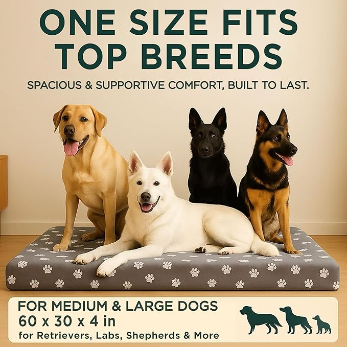Human Dog Bed, 60x30 Inch, for Adults — Orthopedic Mattress, Protective Liner, 100% Cotton Fitted Sheet — Breathable, Hypoallergenic, Easy to Clean — Gray