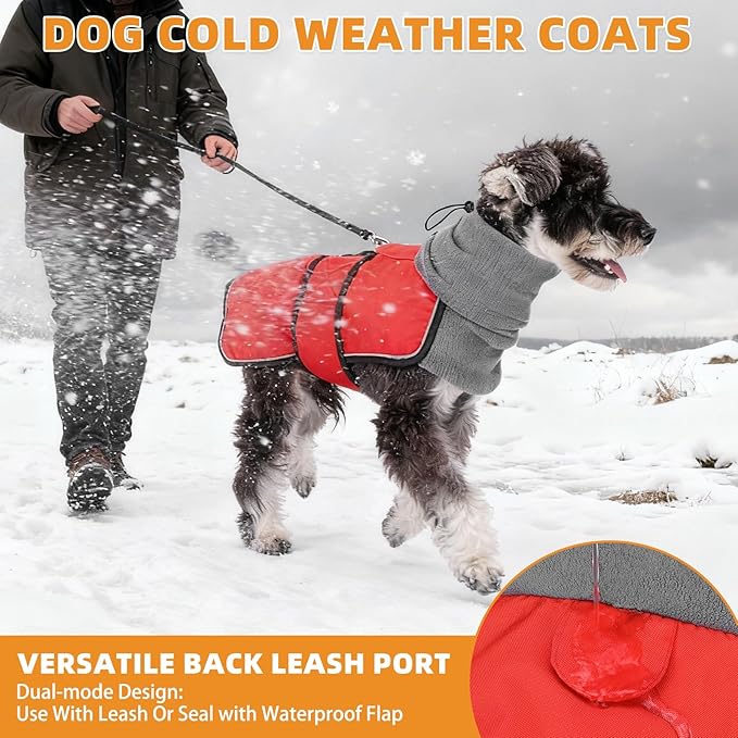 KOOLTAIL Dog Winter Coat for Small Medium Dogs Christmas, Waterproof&Windproof Puppy Jacket with Fleece Lining and High Collar for Cold Weather, Warm Pet Snowsuit Vest Clothes with Leash Hole, Red M