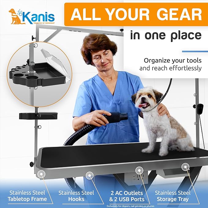 KANIS - 49" Professional Electric Dog Grooming Table, Black + 50" Professional Stainless Steel Dog Bathing Station, Right RAMP