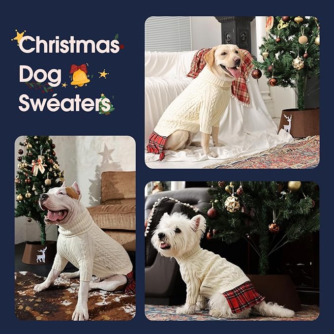 IECOii Girl XXL Dog Sweater Dress, Cozy Cable Knit Dog Sweater for Large Dogs Girl, Beige,XXLarge, 2XL Pet Pullover Knitted Dress for Winter, Turleneck with Sleeve, Warm Sweaters for Female Pitbull