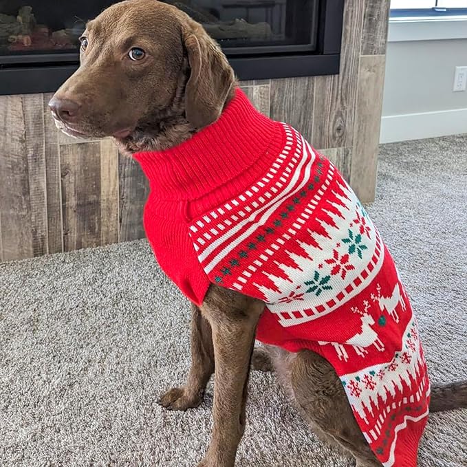 KYEESE Dog Christmas Sweater, Warm Turtleneck Dog Sweater for Medium Dogs Boy Girl with Snowflake Reindeer Pattern, Cozy Winter Doggie Knitwear with Leash Hole, Soft Pet Clothes, XX-Large