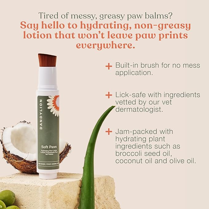 Dandylion Soft Paws Dog Lotion with Brush | Dog Paw Balm & Paw Butter | Hydrating, Vet-Approved, Lick-Safe, Fragrance-Free | pH-Balanced for Itchy, Dry, Cracked Paws | 0.6 fl oz