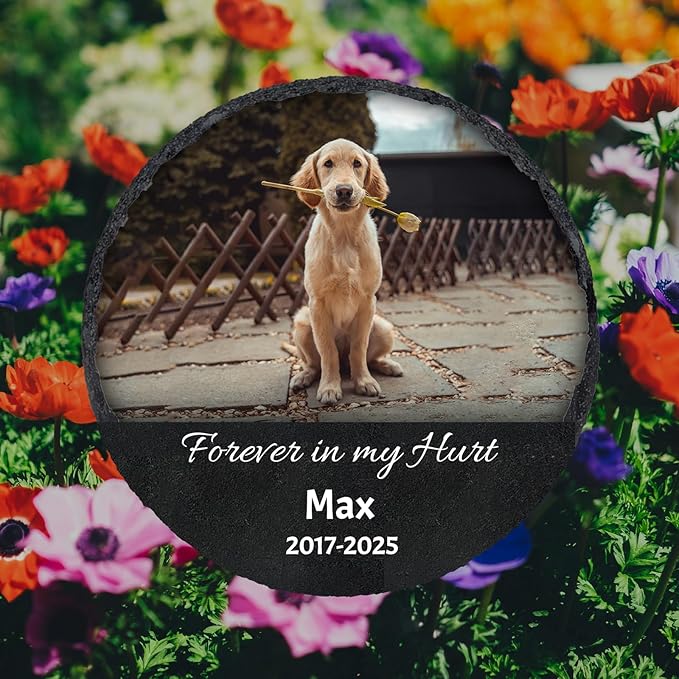Personalized Pet Memorial Stone with Photo Display, Round Slate Plaque with Stand, Custom Pet Remembrance Gift，4"/6"/8"