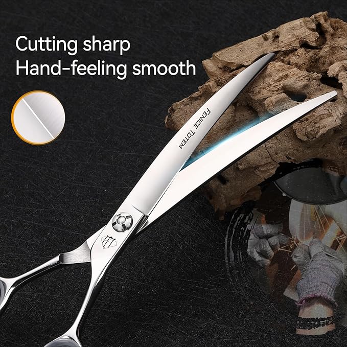 Dog Grooming Scissors: Professional Grooming Scissors for Pet High Precision CNC-Cut Blades, Silver (Curved, 7")