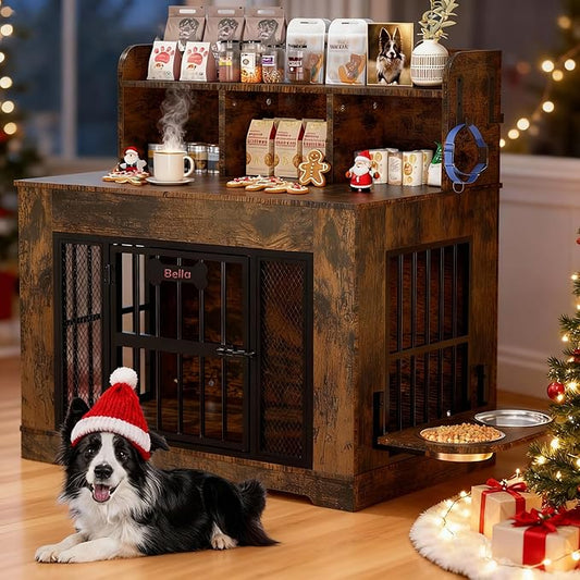 Petrova Dog Crate Furniture, 34inch Wooden Dog Kennel Indoor for Small Dogs, Heavy Duty Dog Cage with 2 Stainless Steel Food Bowls, Led Light, 4 Hooks, Hidden Decorative Pet Cage