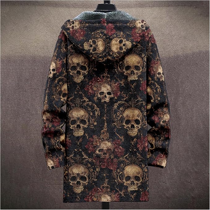 MARSVOVO Cool Hippie Long Cardigan Hoodies for Men Zipper Fleece Lined Knit Coat Skull Animal Print Graphic Jackets