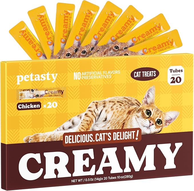 PETASTY Lickable Cat Treats, High Moisture Hydrating Creamy Puree Squeeze Tubes, Chicken Flavor, 20 Tubes 0.5oz, Grain-Free, Omega Oils & Vitamin E, Skin & Coat Health, Digestive and Immune Support