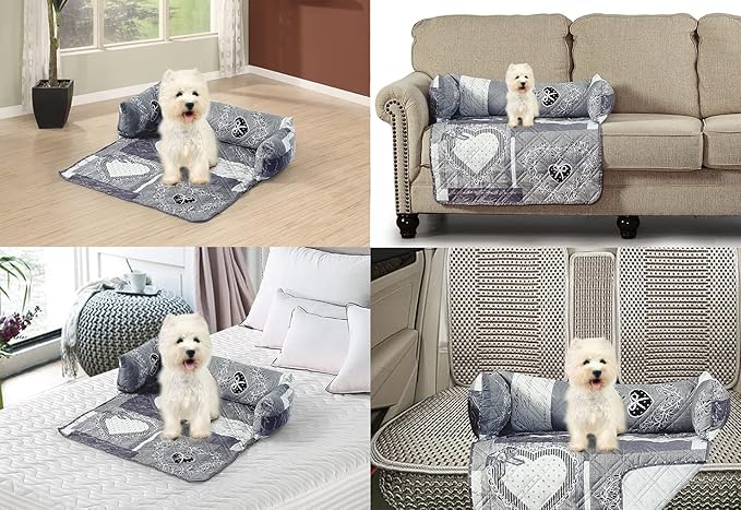 Brilliant Sunshine Quilted Calming Dog Bed Mat, Removable Washable Cover, Cushion Protector and Couch Covers for Dogs, Pets, Cats, Extra Large, Grey Heart Love Patchwork