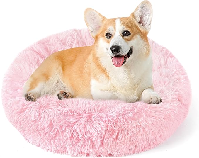 NOYAL Calming Donut Dog Bed for Small to Medium Dogs & Cats - Plush Faux Fur Anti-Anxiety Pet Bed with Machine Washable Cover & Non-Slip Base