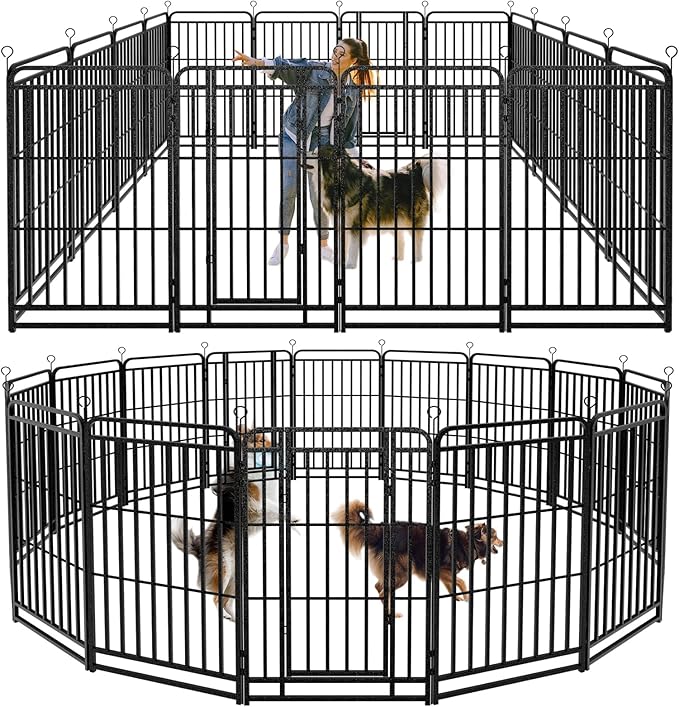 Dog Fence Outdoor 16 Piece Panels 47" Height, Square Steel Pipe with Reinforced Crossbars, Anti-Rust Heavy Duty Dog Playpen with Doors Portable for Yard RV Camping, Total 36FT, 103 Sq.ft, Snowy Black