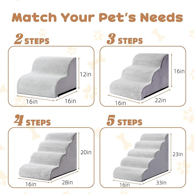 Makigued Dog Stairs for Small Dogs and Cats, 16" H 3 Steps Pet Steps Ramp for High Bed, Couch, Sofa, Waterproof Pet Stairs with Removable Washable Cover, Non-Slip Bottom, Light Gray
