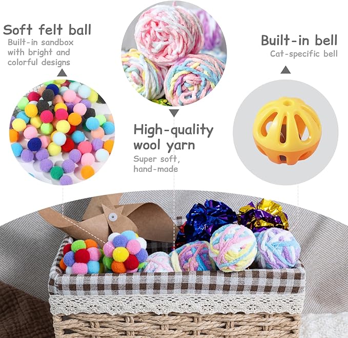 Zeeptix Cat Toys Balls 12Pcs Yarn Cat Balls with Bells Inside, Interactive Kitten Chew Toys for Indoor Kittens Kitty,Muticolor, Crinkle Toys Set，1.7 inches