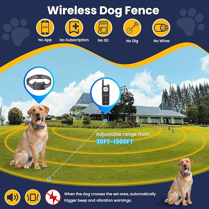 Wireless Dog Fence, Electric Fence for Dogs,Training Collar with Remote Control 3800FT Range, Portable Dog Perimeter Collar with 3 Training Mode Flash Light & Waterproof Matte Black 2 Pack