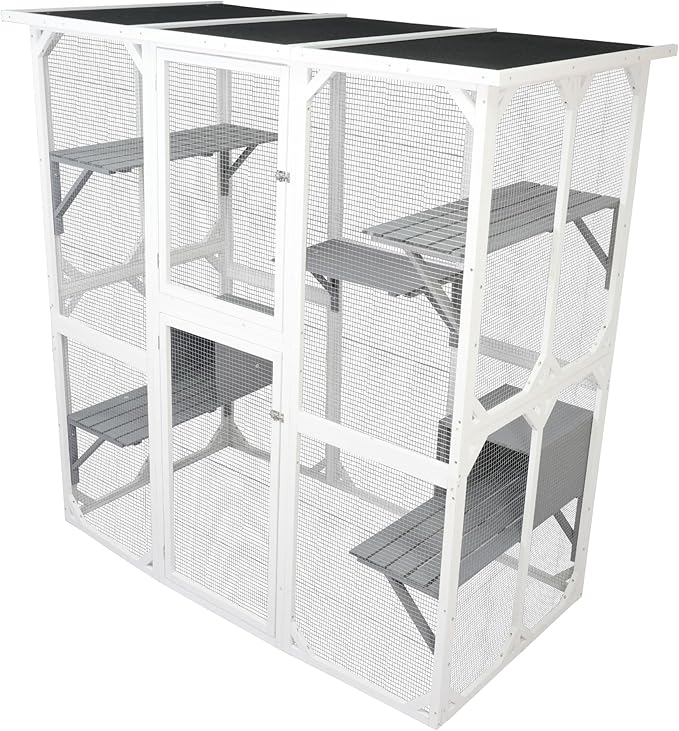 Ball & Cast 71" Wooden Catio Outdoor Cat Enclosure with Weatherproof Asphalt Roof,Jumping Platforms & Napping Houses,Walk-in Cats Kennel Shelter for Indoor,White