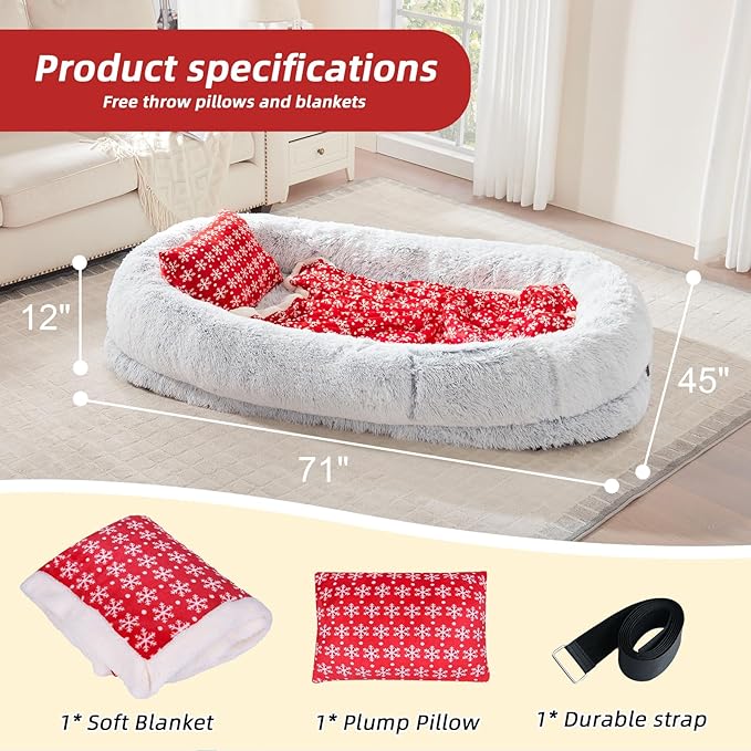Human Dog Bed - 71"x45"x12" Orthopedic Bed for Humans & Pets, Washable, Plump Pillow, Blanket, Strap - Grey