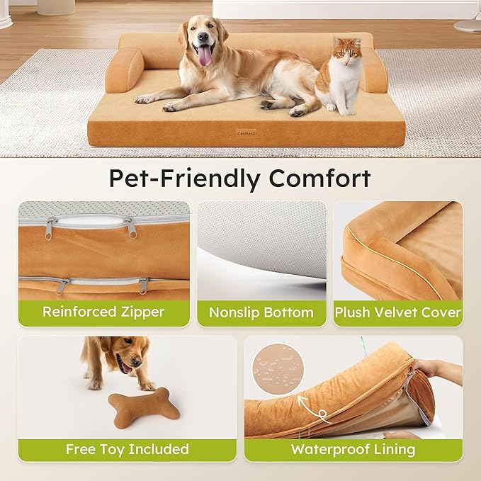 XL Orthopedic Dog Bed, Extra Large Dog Bed, Dual-Sided Pet Cooling Beds with Memory Foam Washable Cover Nonslip Bottom, Waterproof XLarge Pet Couch Beds with Bolsters, Brown