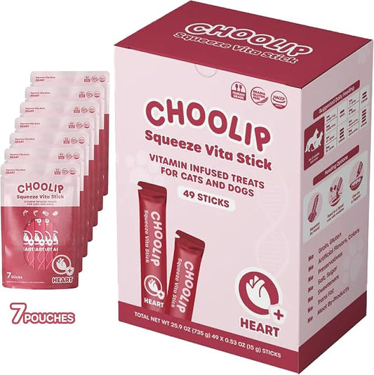 Choolip Squeeze Vita Stick Lickable Cat and Dog Treats – 49-Count Heart Support Sticks with Multivitamins, Soft Squeezable Paste for All Life Stages, Supporting Heart Health - Box with 7 Pouches