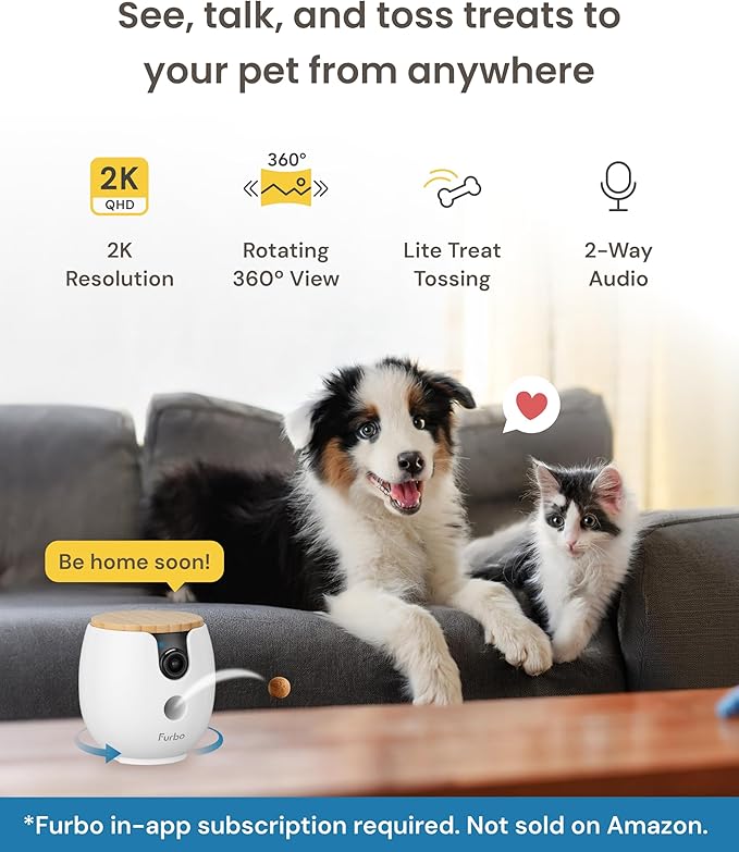 Furbo Mini 360° [New] 2K QHD Pet Camera - Unlock Smart Camera & Smart Features w/Paid Plan: Dog & Cat Safety Alerts, Rotating Treat Dispenser w/Speaker (Subscription Required, Low Risk 3mo Minimum)