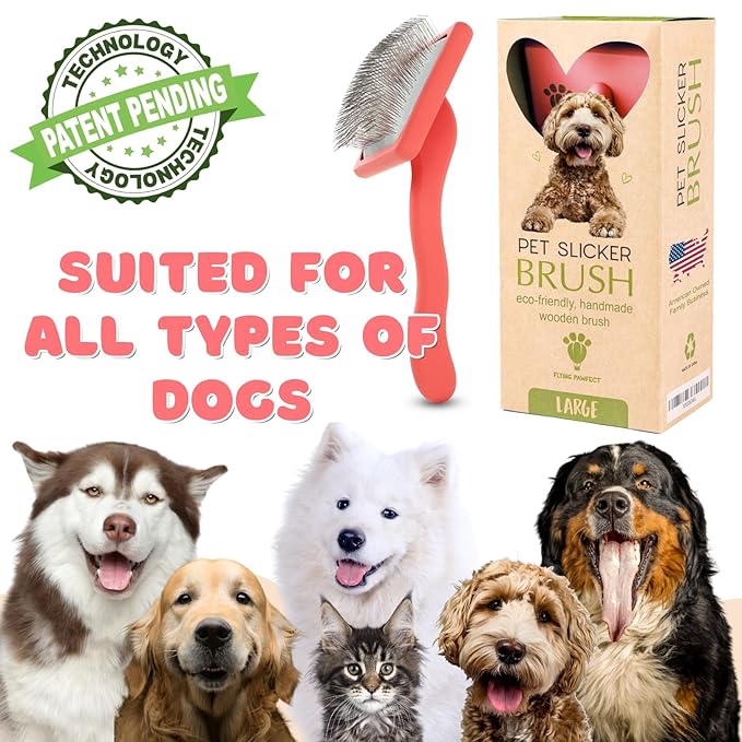 Pet Slicker Brush With Soft Massage Grooming Stainless Steel Pins - For Dematting, Shedding Fur, and Undercoat - Ideal Gift for Professional Pet Groomers - Long Slicker Brush (Coral, Curved Small)