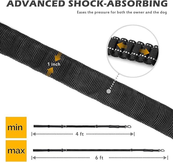 Fashion&cool Heavy Duty Dog Leash Especially Large Dogs Up to 150lbs, 4-6 Ft Reflective Dog Walking Training Shock Absorbing Bungee Leash Car Seat Belt Buckle, 2 Padded Traffic Handle Extra Control