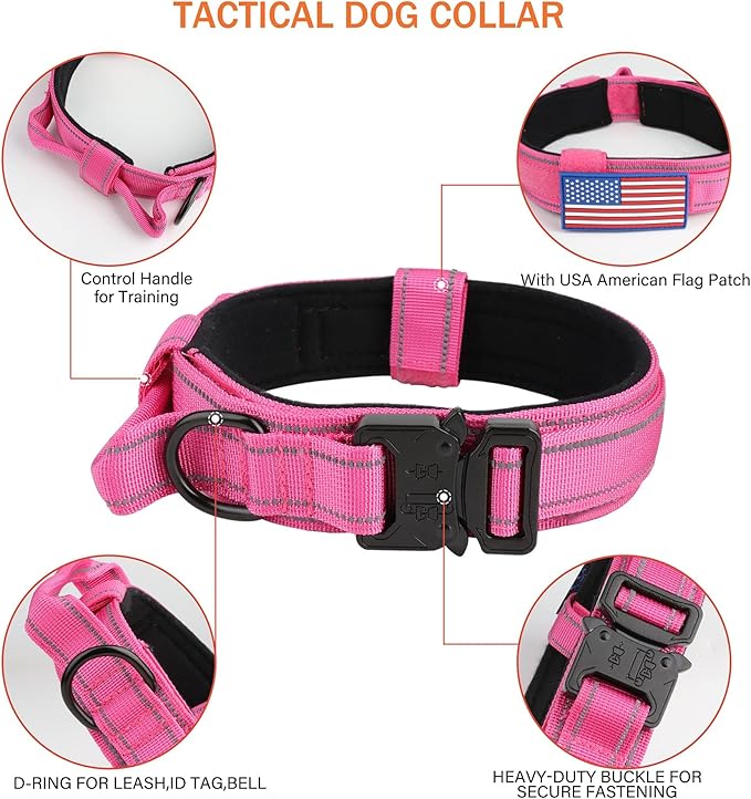 KCUCOP Tactical Dog Collar for Medium & Large Dogs - Military Nylon Heavy Duty Collar with Handle, Reflective Strip & Metal Buckle for Training (Pink Reflective, XL)