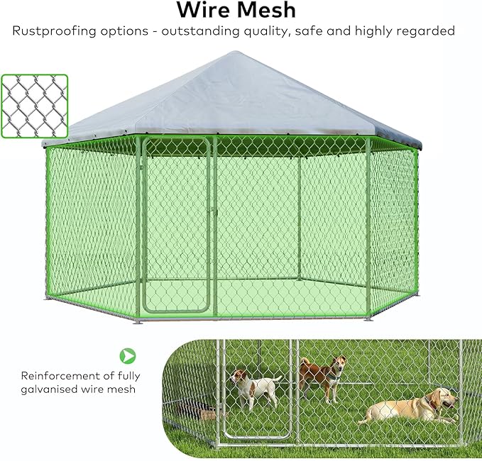 9.1x9.1 FT Large Outdoor Dog Kennel Outside, Heavy-Duty Galvanized Wire Mesh Dog Enclosure with Waterproof Cover & Secure Lock, Hexagonal Cage for Large Dogs
