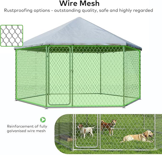 9.1x9.1 FT Outdoor Dog Kennel Outside Heavy Duty Dog Enclosure with Waterproof Cover and Security Lock, Galvanized Wire Mesh Hexagonal Large Dog Kennel(109.4x109.4x95.3IN)