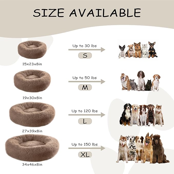 23'' inch Calming Dog Bed, Plush Anti-Anxiety Donut Dog Bed for Small Dogs, Warming Cozy Soft Cute Round Washable, Marshmallow Cuddler Nest Pet Bed, Brown