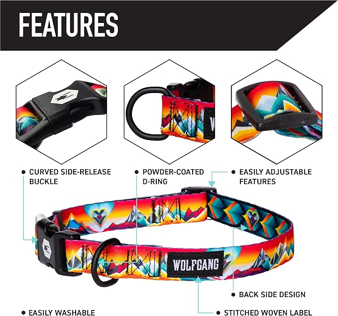 Wolfgang Heavy Duty, Adjustable Dog Collar with Quick Release Nylon Buckle for Walking & Training, MountainVibes Print, Small