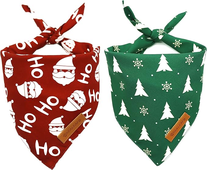 Realeaf Christmas Dog Bandanas 2 Pack, Christmas Tree and Santa Claus Dog Scarf for Boy and Girl, Premium Durable Fabric, Holiday Bandana for Small Medium Large and Extra Large Dogs (X-Large)
