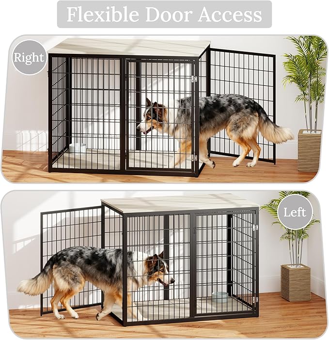 48" Dog Crate Furniture for Medium Large Dogs, Indestructible Large Dog Kennel Indoor with 3 Doors, Wooden Dog Cage Side End Table, Heavy Duty XL Dog Crate, Gray