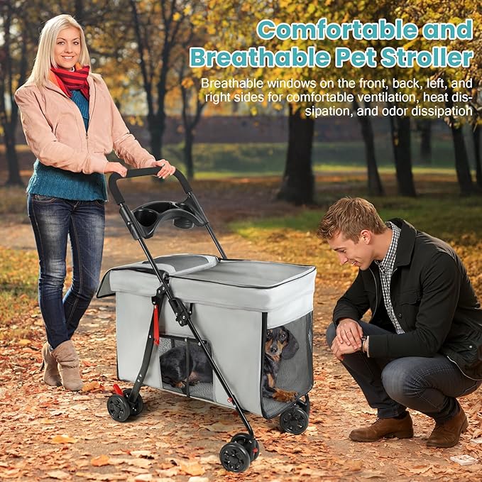 Dog Stroller with 360-Degree Wheels, Foldable Pet Cart for Small/Medium Dogs, 5 Ventilation Windows, Removable Tray, Outdoor Travel Pet Carrier