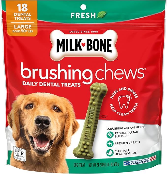 Milk-Bone Fresh Breath Brushing Chews, 18 Large Daily Dental Dog Treats Scrubbing Action Helps Clean Teeth