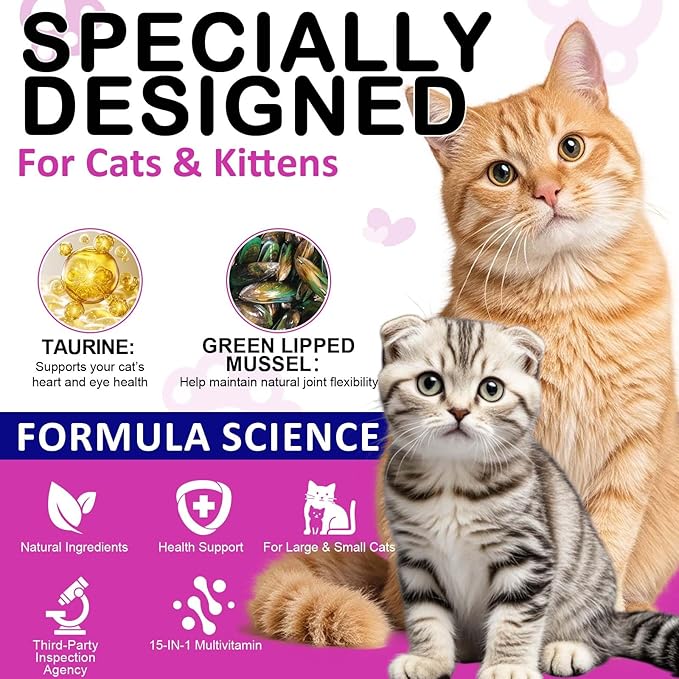 Cat Multivitamin Crunchy & Creamy Chews, Cat Treats Support for Immune, Joint, Skin & Coat, Digestion, Heart & Eyes, Cats Vitamins Supplements with Taurine for Cats Kittens - Chicken Flavor