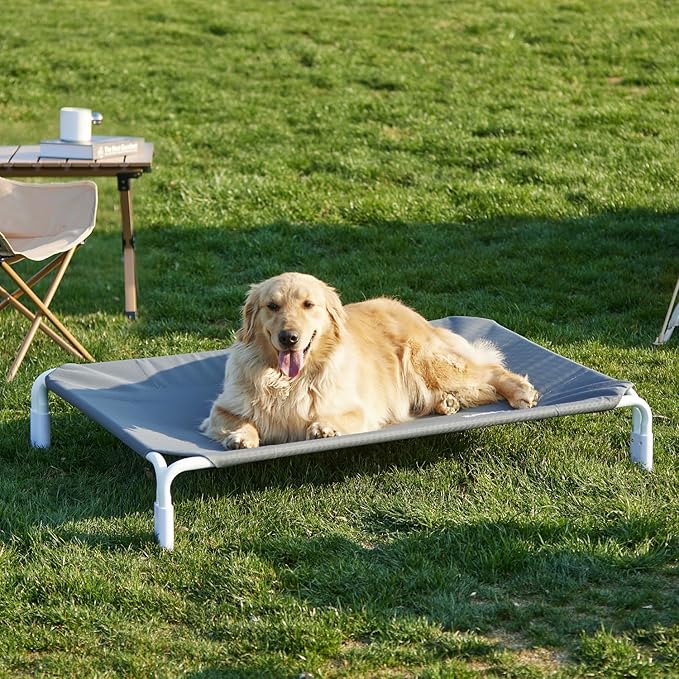 Elevated Dog Cot Bed Tool-Free Assembly - Outdoor Raised Dog Cooling Bed Frame for Medium Pets, Summer Pet Hammock Off Ground with Non-Slip Feet & Waterproof Teslin Mesh, 35x25 Inch