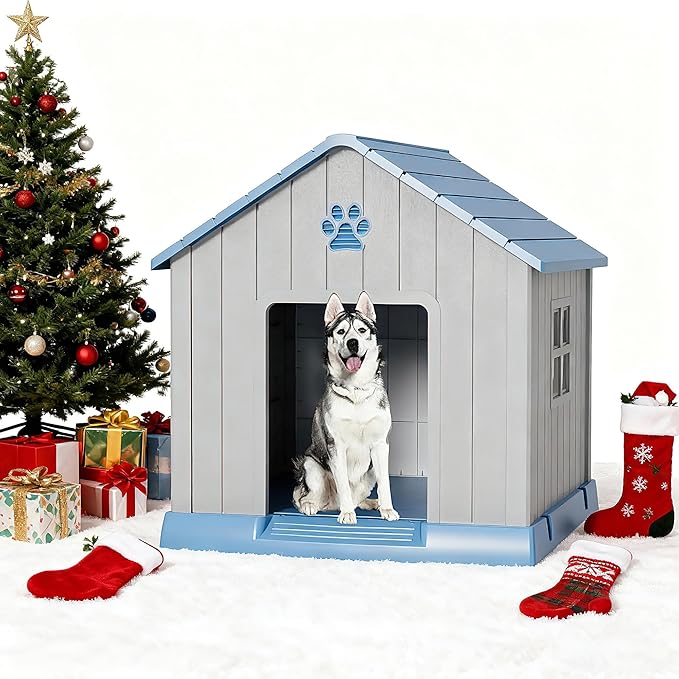 Fancyango Dog House Outdoor Indoor - Waterproof, Ventilated, Easy to Clean, Elevated Floor for Small-Large Dogs, Easy to Assemble (Blue, 37.2" L x 40" W x 40" H)