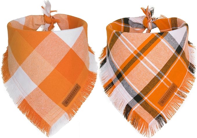 ADOGGYGO Fall Dog Bandanas, Halloween Thanksgiving Pet Bandana, Multiple Sizes Offered, Orange Plaid Fall Holiday Bandana for Medium Large Dogs Pets (Large)