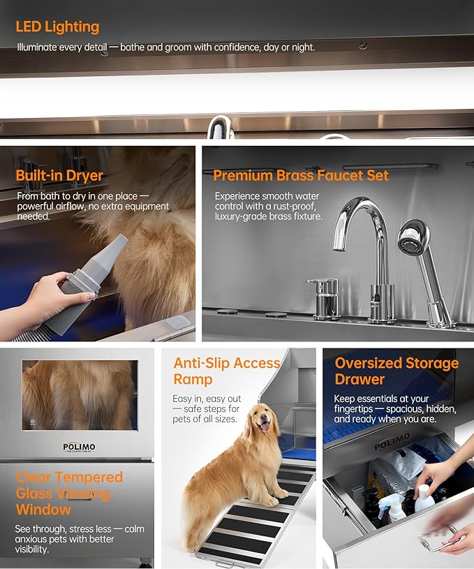 POLIMO Dog Washing Station with Pet Dryer & LED, Professional Dog Bathing Station for Large, Medium & Small Dogs – with Window, Ramp, Drawer, Floor Grate, LED Display & Faucet (Left Ramp & Dryer, 50")