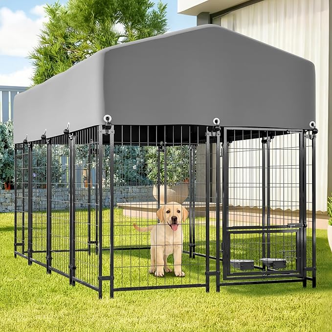 Dog Crate Dog Kennel Outdoor W/Roof,Dog Cage W/ 360°Rotating Feeder & Secure Lock,Weatherproof Dog Pens Outside W/Flexible Clamps,for Medium/Large,Grey(4.23x7.81x4.83 FT)