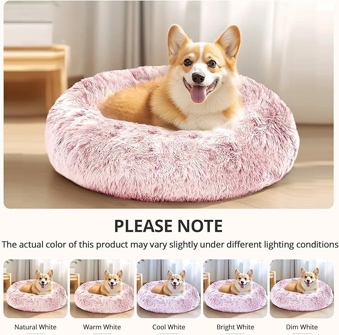 JOLLYVOGUE Small Dog & Cat Beds for Indoor Cats, Donut Cuddler Warming Soft Dog Beds with Anti-Slip Bottom, Round Calming Fluffy Plush Faux Fur Cushion Bed for Medium Dogs (27", Smoke Pink)