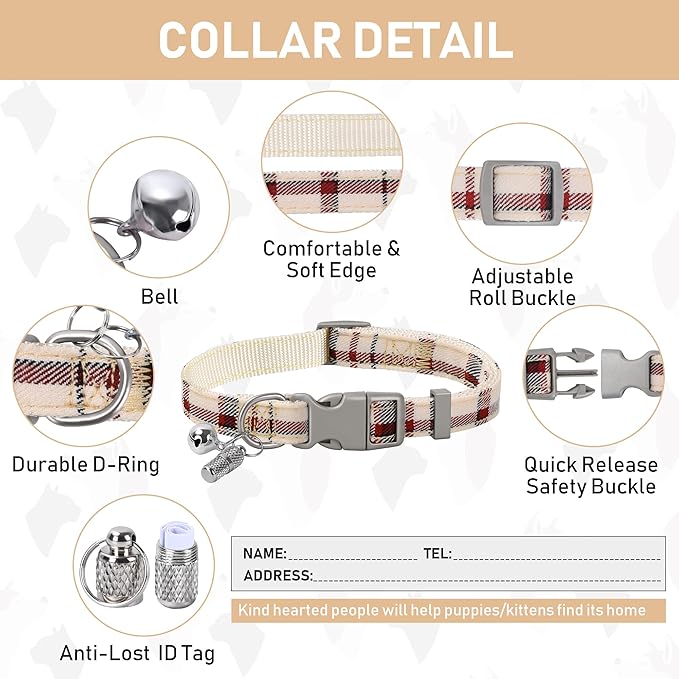 GAMUDA Small Dog Harness Collar and Leash Set, Step in No Chock No Pull Soft Mesh Adjustable Dog Vest Harnesses Plaid Reflective for Dogs Puppy Cats Kitten Rabbit (Warm Beige, XXXS)