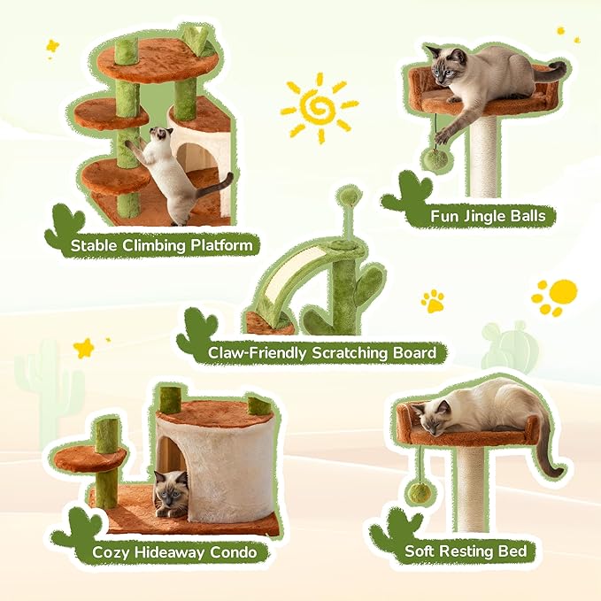 Cactus Cat Tree for Indoor Cats, Multi-Level Cat Tower with Sisal Scratching Posts, Stable Cat Condo with Perches and Climbing Steps, 36.6", Brown