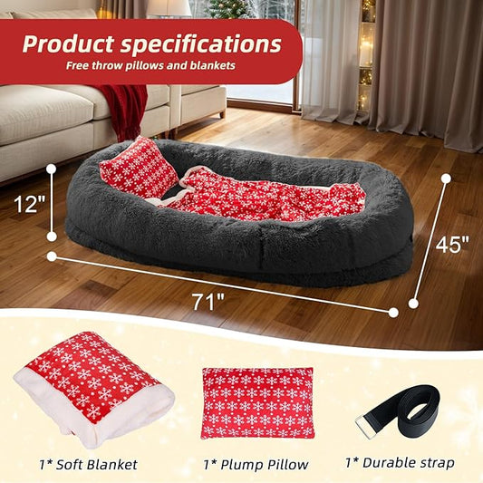 Human & Pet Bed, 71'x45'x12' - Washable Faux Fur Orthopedic Dog Bed, Plump Pillow & Blanket - Dark Grey