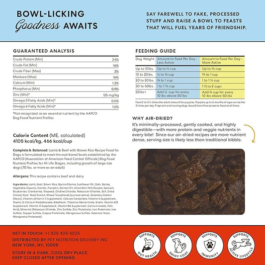 The Pets Table Air Dried Dog Food for Dogs Large, Medium and Small with Sensitive Stomachs | Puppy Dog Food, Adult Dog Food, Senior Dog Food | Lamb & Beef with Brown Rice 4.5 lbs / 72 oz Bag