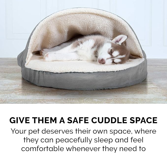 Furhaven 35" Round Cooling Gel Dog Bed for Large/Medium Dogs w/ Removable Washable Cover, For Dogs Up to 50 lbs - Sherpa & Suede Snuggery - Gray, 35-inch